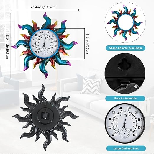 Large Outdoor Thermometer, 23" Metal Indoor Wall Thermometer, Colorful Sun-Shape Outside Thermometer for Patio Home Room Decor