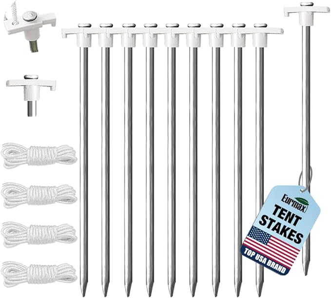 Eurmax USA Galvanized Non-Rust Camping Family Tent Pop Up Tent Stakes Canopy Anchors Heavy Duty 10pc-Pack, with 4x10ft Ropes & 1 White Stopper