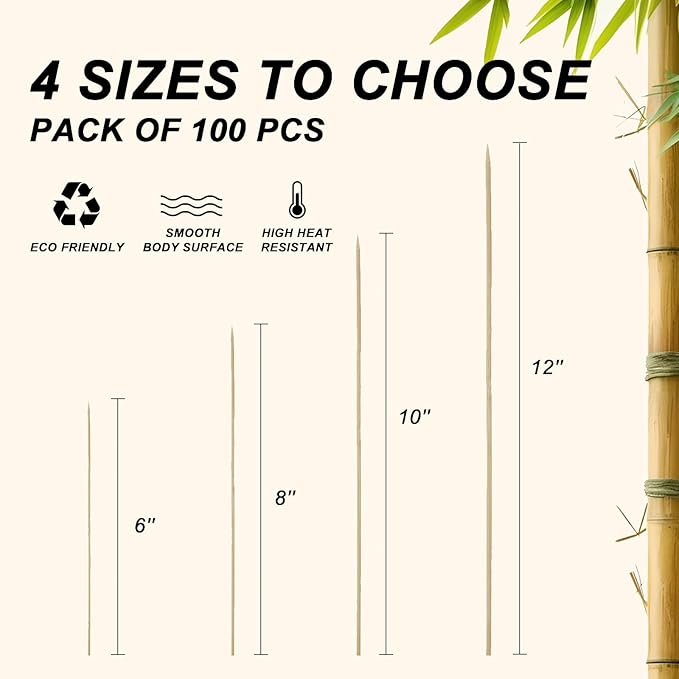 12 inch Natural Bamboo Skewers for Grilling，Chocolate Fountain，Kabob，Crafts，Barbecue，Flower Bouquet， Bouquet Wrapping Paper. Diameter=4mm. More Size Choices 6"/8"/10"/12"/36"(100 PCS)