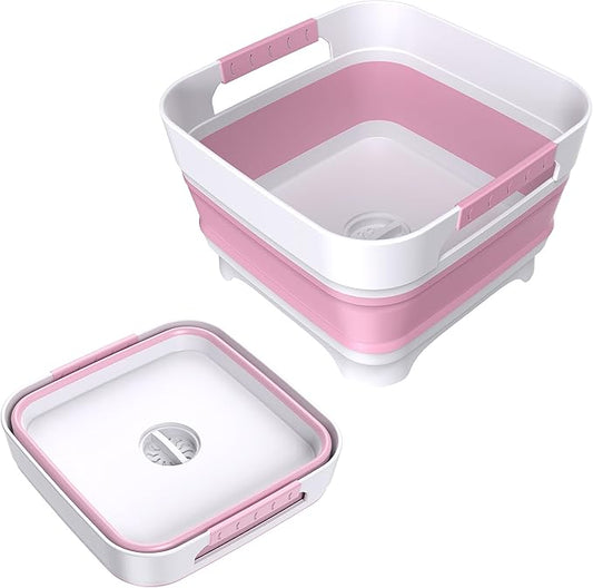 Collapsible Dish Basin, 9L Capacity, Portable Sink for Kitchen, Camping, RV, Gray (Pink)