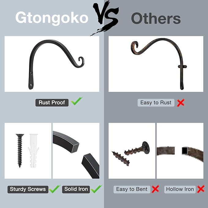 Gtongoko 2 Pack 8 Inch Plant Hangers Outdoor Metal, Plant Hooks for Wall Indoor, Outdoor Hooks for Hanging Bird Feeders, Plant Bracket, Lanterns, Wind Chinme, Black