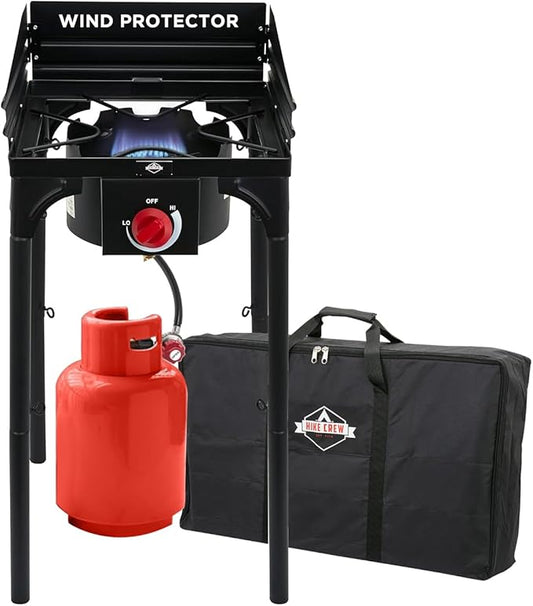 Hike Crew Cast Iron 1-Burner Outdoor Gas Stove | 75,000 BTU Portable Propane-Powered Cooktop w/Blue Flame Control, Removable Legs, Temperature Setting Knobs | Wind Panel, Hose Regulator & Storage Bag
