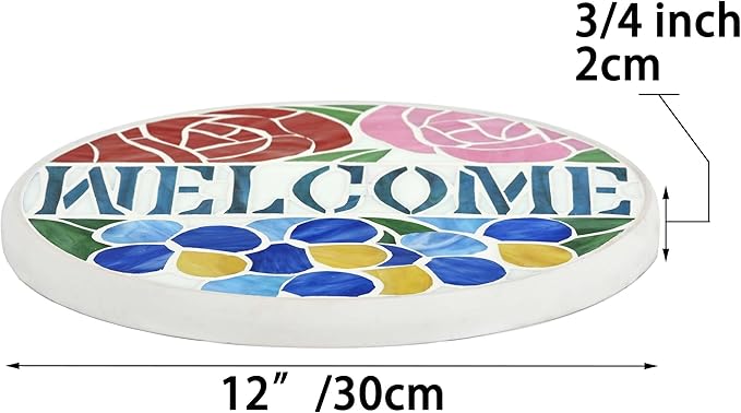 Bieye MSS002 Rose Flowers Tiffany Style Stained Glass Mosaic Decorative Stepping Stone for Garden Decor (12" Round, Welcome Sign)