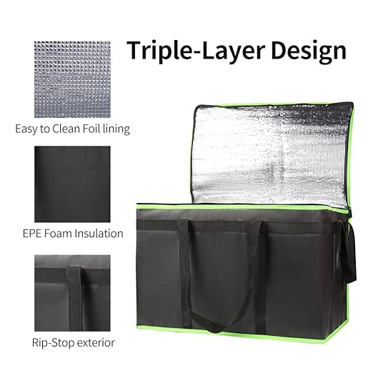 Bodaon 5-Pack Cooler Insulated Food Delivery Bag for Doordash/Uber Eats, XXX-Large Thermal Bags for Catering/Hot Pizza, Travel/Camping/Picnic Basket，Grocery Reusable Warmer Frozen, Black-Green Edge
