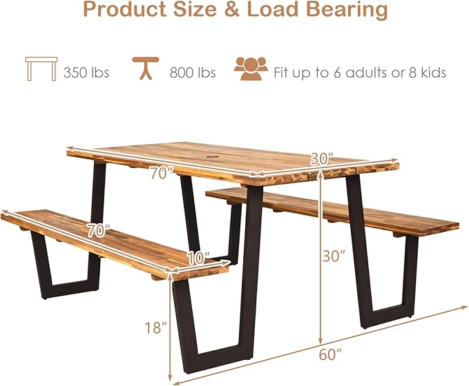 COSTWAY Acacia Wood Picnic Table, 70” Tabletop with Umbrella Hole, Strong Metal Frame, 6 Person Outdoor Picnic Table Bench Set for Patio, BBQ, Dining