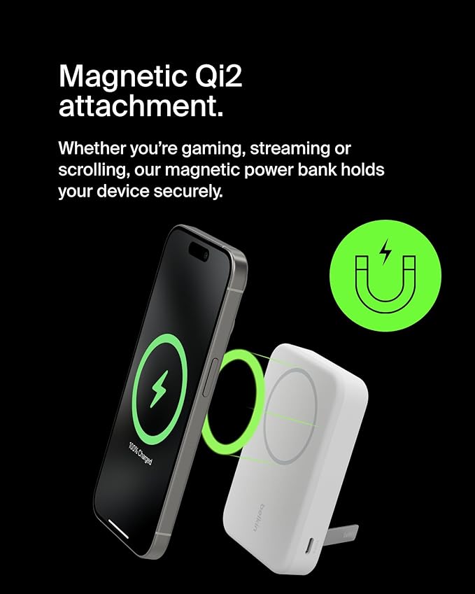 Belkin Portable Charger, Power Bank 10000 mAh w/ Qi2, iPhone Charger - MagSafe Charger w/Built-in Pop-up Kickstand for iPhone 17, Air, Pro, Pro Max, Google Pixel 10, etc. - White