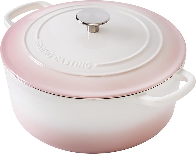 Enameled Cast Iron Dutch Oven Pot With Lid, 7 Quart, for Bread Baking, Cooking, White-Pink