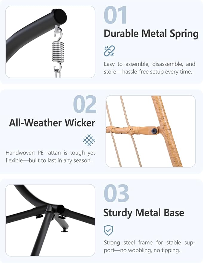 SWITTE Egg Chair Outdoor with Stand, Indoor Wicker Hanging Egg Swing Chair with Cushion, 350lbs Capacity for Patio, Bedroom, Garden - Cream