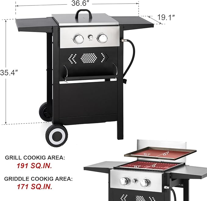 GREEN PARTY 2 Burner Griddle Grill Combo, 2 in 1 Propane Gas BBQ Grill w/Cast Iron Plate, 20,000 BTU Output Small Flat Top Propane Barbecue Grill for Camping, Patio, Backyard, Balcony