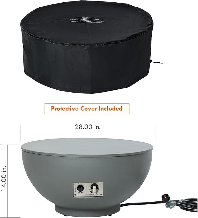 28-Inch Gas Fire Pit with Propane Tank Cover, 50,000 BTU Round Propane Fire Pit Table, Patio Fireplace Fire Bowl Firepit with Lid, Lava Rocks, Cover, Pre-Attached 10FT Propane Hose, Gray