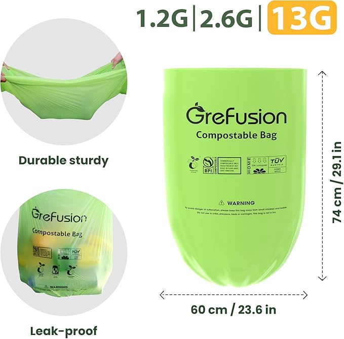 Compostable Bags,Trash bags 13+ gallon tall kitchen, Compostable Trash Lawn & Leaf Yard Waste Bags,Kitchen Compost Trash Bin Compatible,Extra Thick1.01 Mills,Certified by BPI and OK Compost