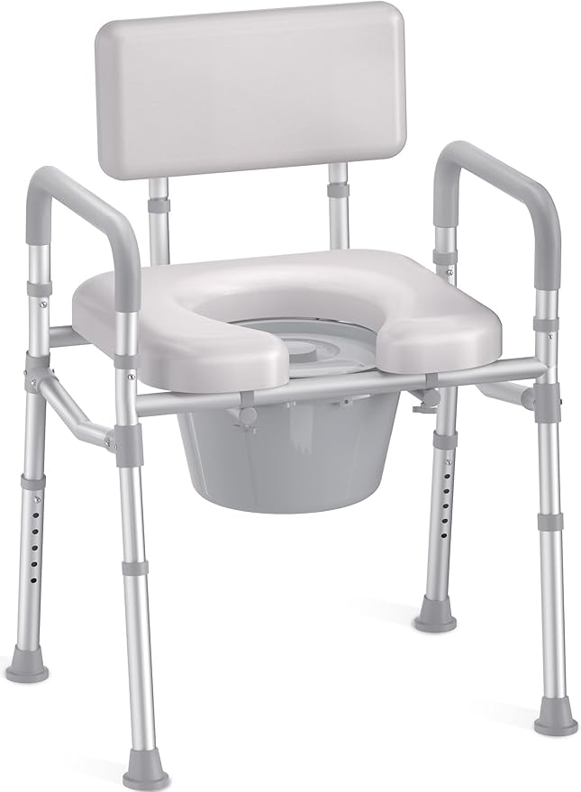 Bedside Commode with Padded Seat and Backrest, Aluminum Commode Toilet with Bucket, Easy Cleaning Portable Toilet for Adults and Seniors, 350 lb Capacity Enhanced Crossbar
