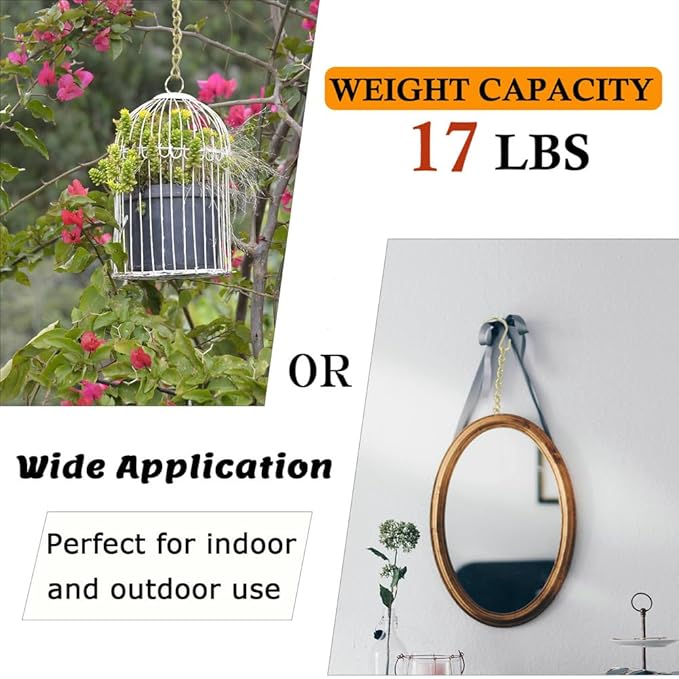 236 Inch Gold Hanging Baskets Chains - Adjustable Length, Brass Decorative Metal Chain with A Great Assortment of Hooks for Hanging Bird Feeders Planters Baskets Billboards Ornaments, Chain Hooks DIY