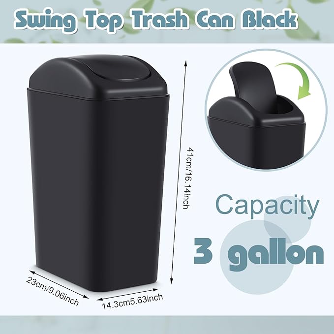 Hoolerry 4 Pcs 3 Gallon/12 Liter Small Trash Can Plastic Kitchen Garbage with Lid Small Trash Bin for Bathroom Office Bedroom Kitchen Waste Outdoor (Black)