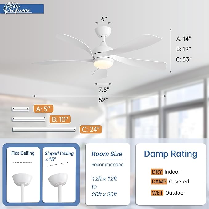 Sofucor 52 Inch Ceiling Fans with Lights and Remote, Outdoor Ceiling Fan with Light 6-Speed 3 CCT 3-Timer, White Low Profile Ceiling Fan 5 Blade Reversible DC Motor for Living Room Bedroom Patio