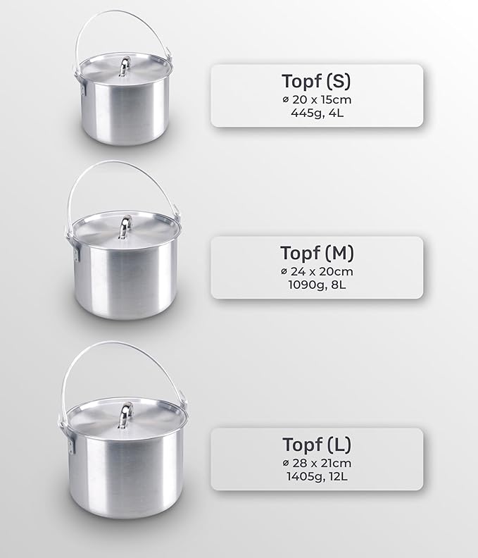 AceCamp Nested Pot Aluminum Lightweight Cooking Pot Set Outdoor Large Stock with lid and folding handle - 4L,8L,12L