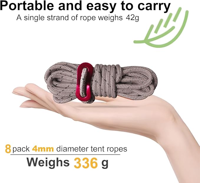 8 Pack High-Reflective Guy Lines 4mm Tent Cords High-Strength Lightweight Camp Ropes with Aluminum Adjuster Tensioner for Tent, Tying Down Tarps, Camping, Outdoor Packaging (Khaki)