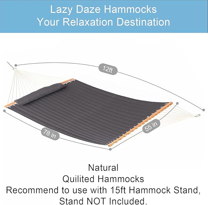 Lazy Daze Hammocks 12 FT Quilted Fabric Hammock with Spreader Bar, 2-Person Double Hammock with Chains and Pillow, Outdoor Hammock for Outside Patio Poolside Backyard Beach, 450 lbs Capacity, Gray