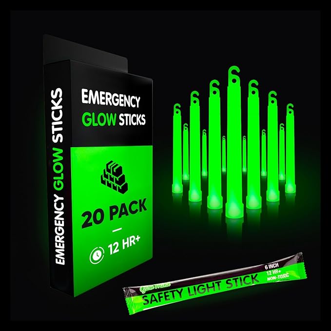 Emergency Glow Sticks with 12 Hours Duration, Individually Wrapped Industrial Grade Glowsticks for Survival Gear, Camping Lights, Power Outages and Military Use