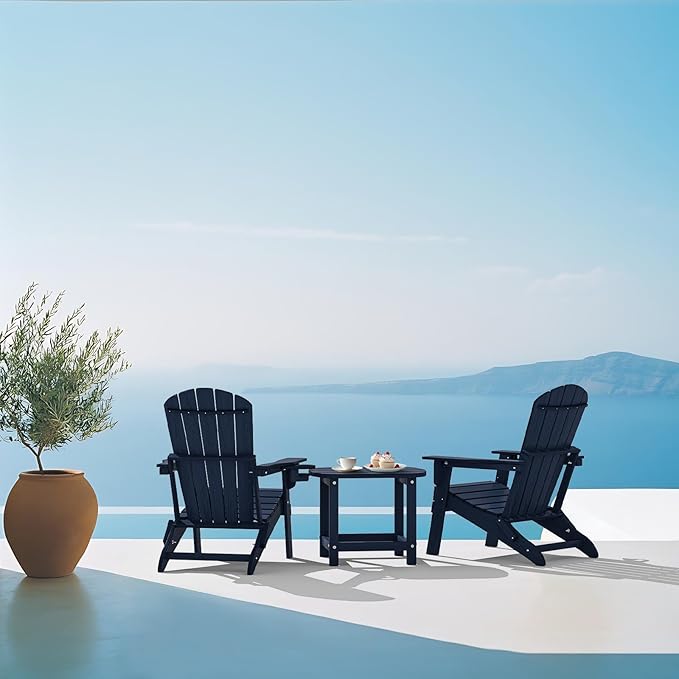 Folding Adirondack Chair, SGS Tested, Wooden Textured with Cup Holder, Heavy All-Weather HDPE Comfortable Set Poolside Backyard Lawn Navy Blue