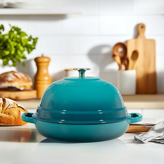 Enameled Cast Iron Dutch Oven Pot with Lid, Round Bread Oven for Homemade Sourdough Bread Baking, 6 Quart, Darkcyan