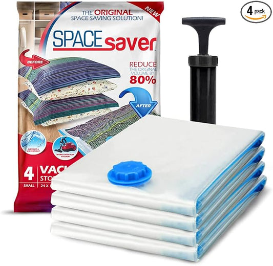 4 Pack Small Vacuum Storage Bags for Comforters, Blankets & Clothes – Vacuum Sealed Compression Bags with Hand Pump – Space Saver Storage Bags for Bedding, Moving, Travel & Organization