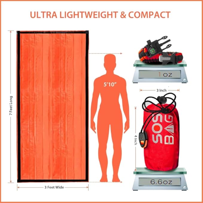 SOS Emergency Sleeping Bag - Ultra-Light Survival Gear for Emergency Preparedness, Hiking, and Outdoor Safety. Reflects 90% Body Heat, Waterproof Protection