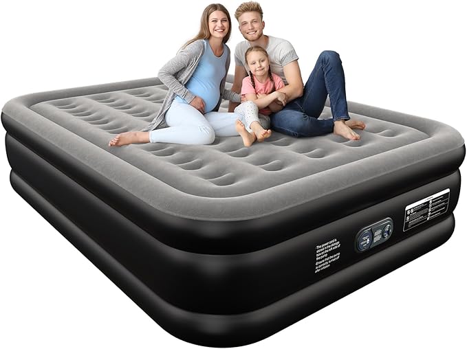 Queen Air Mattress Queen with Built in Pump 16" Double Height Inflatable Mattress with Soft Flocked Top & Carry Bag Adjustable Blow Up Mattress Portable Air Bed for Guest Indoor