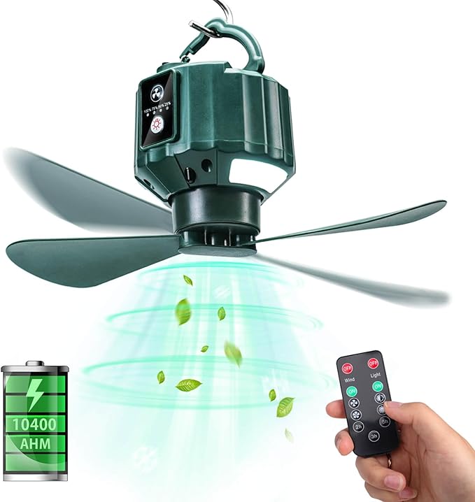 DUKUSEEK Portable Ceiling Fans with Remote Control, Power Bank, USB Battery Operated Camping Fan with Hanging Hook for Canopy Tents, Emergency Survival