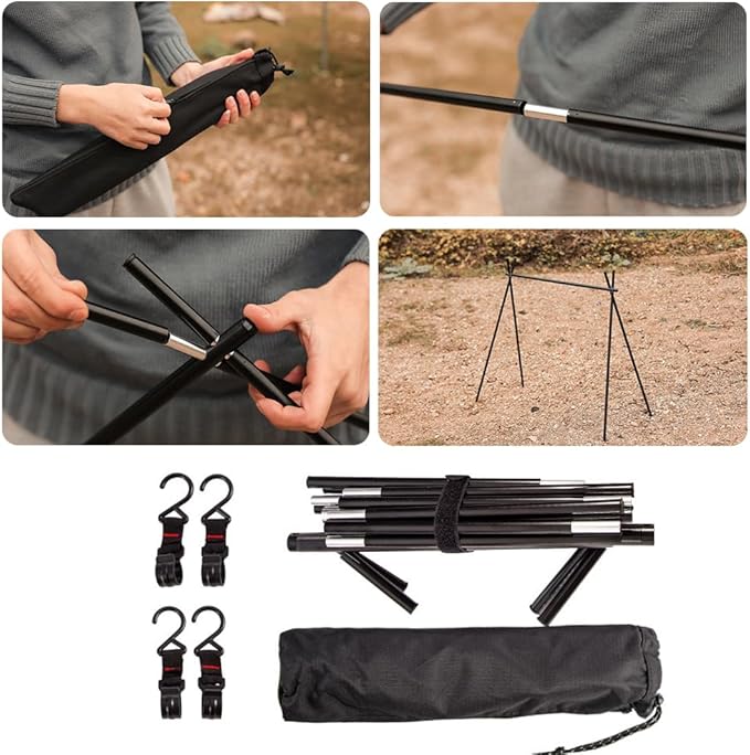 Foldable Tripod Camping Hanging Rack - 4 Hooks Outdoor Cookware Storage Portable, Outdoor Camping Folding Rack (Large)