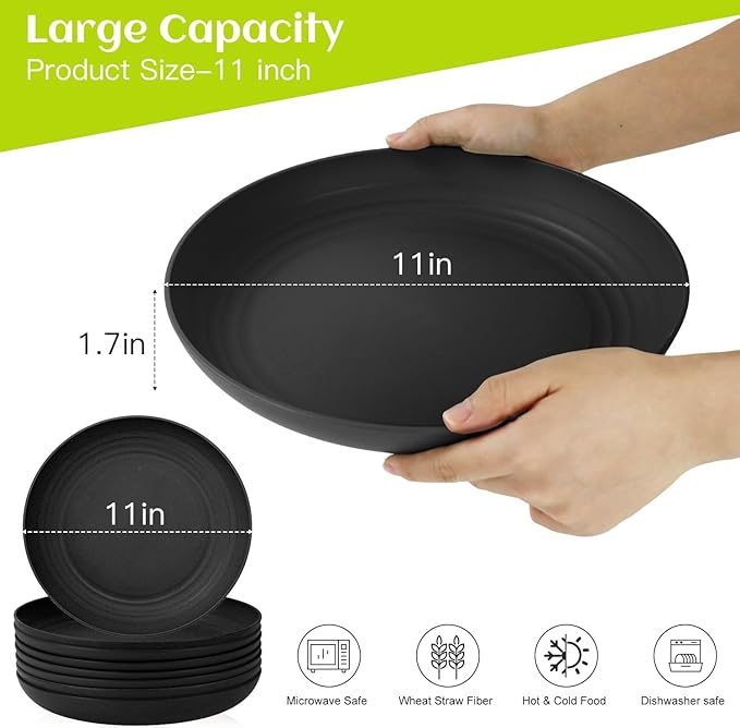 Homienly Wheat Straw Plates Set - 11 inch Reusable Large Dinner Plates Set of 8, Lightweight Unbreakable Salad Plates, Microwave and Dishwasher Safe Plates, Deep Plates for Dinner, Camping - Black