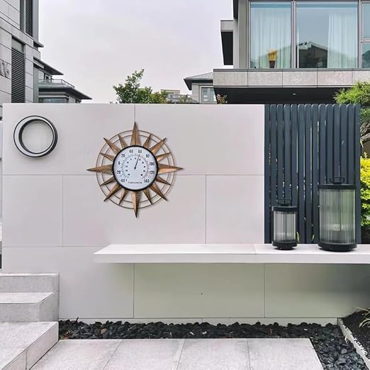 14'' Sun Outdoor Thermometer, Metal Wall-Mounted Thermometer No Need Battery, Indoor Decor for Patio Garden Living Room