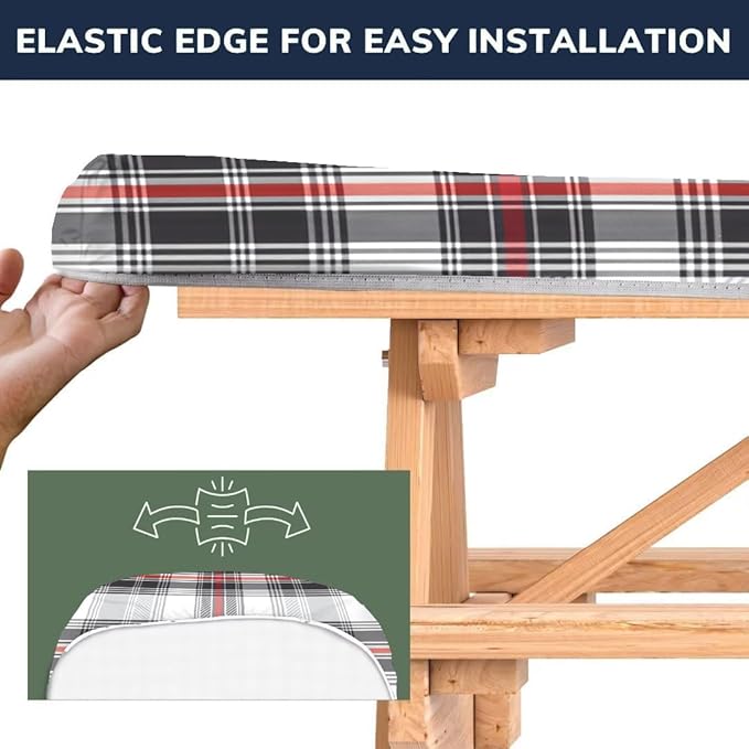 CAPSCEOLL Fitted Picnic Table Cover with Bench Covers with Elastic 8Ft Waterproof Camping Picnic Table Cover Cloths for Outdoors Camping Tablecloth with Drawstring Bag, 96X30in, Grey Red