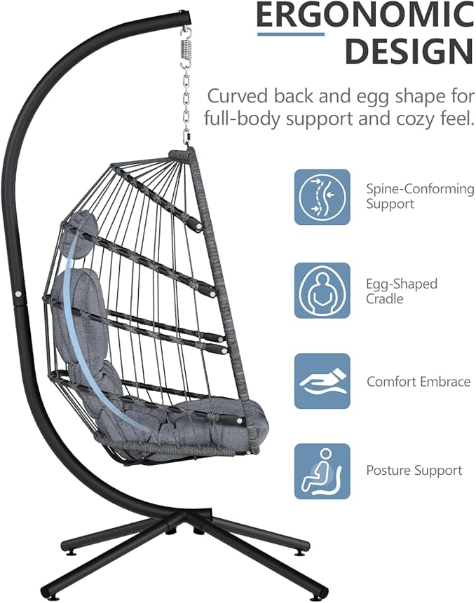 SWITTE Egg Chair Outdoor with Stand, Indoor Wicker Hanging Egg Swing Chair with Cushion, 350lbs Capacity for Patio, Bedroom, Garden - Light Grey