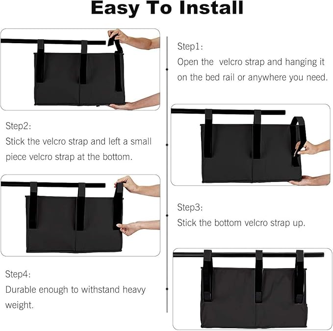 Bedside Storage Caddy, Hanging Storage Organizer Bag with 8 Pockets for Bunk Dorm Rooms, Hospital Bed Rails, Baby Bed, Camp (Black)