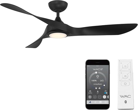 WAC Smart Fans Swirl Indoor and Outdoor 3-Blade Smart Home Ceiling Fan 54in Matte Black with 3000K LED Light Kit and Remote Control works with Alexa and iOS or Android App