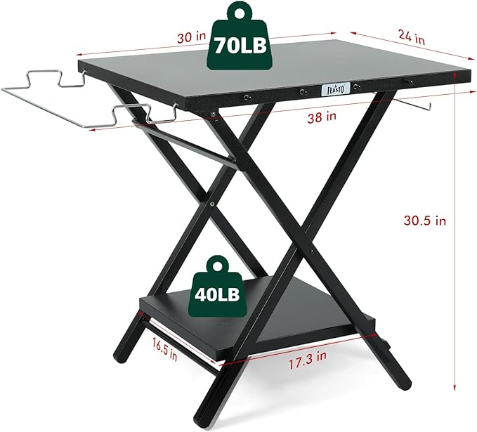 Folding Grill Table with Extra Storage Bottom Shelf, Indoor & Outdoor Prep Table with Garage Rack & Tissue Holder, Pizza Oven Stand for Pizza Oven & Blackstone Griddle, 30" x 24", Black