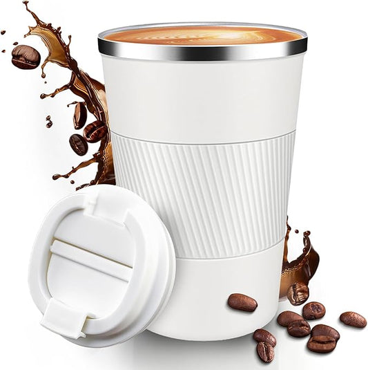 12OZ Travel Coffee Mug Insulated Coffee Cup with Spill Leak Proof Lid, Portable Stainless Steel Tumbler Reusable Hot and Cold Water Mug for Car, Daily, Camping- White