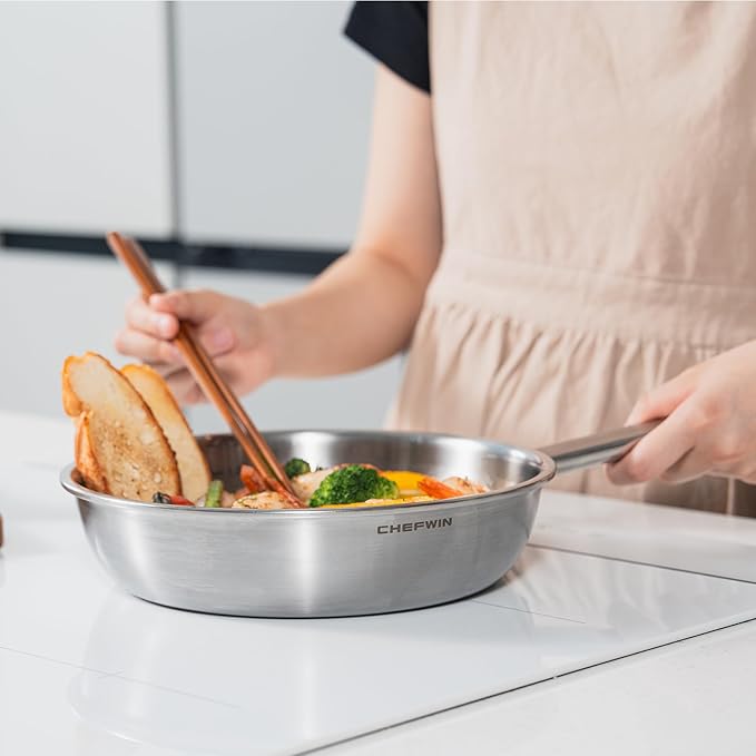 8.6-Inch 316 Stainless Steel Frying Pan, 5-Ply Stainless Steel Saute pan, Deep Skillet, Induction Compatible, Dishwasher & Oven Safe
