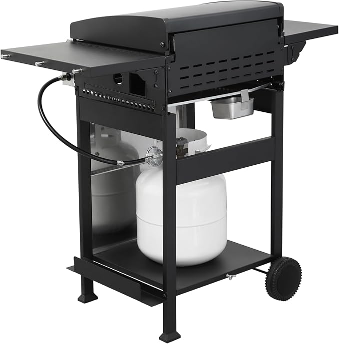 3-Burner Portable Propane Gas Grill with Stainless Steel Plancha Griddle - 36900 BTU Outdoor BBQ Grill with Foldable Side Shelves, Enamel Cooking Grids & Tool Hanging Basket