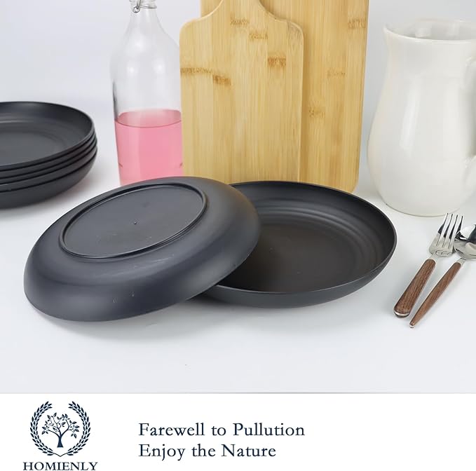 Homienly Deep Dinner Set of 8 - Alternative to Plastic, Microwave & Dishwasher Safe Wheat Straw Plates - Unbreakable for Kids - Black, 9 inch