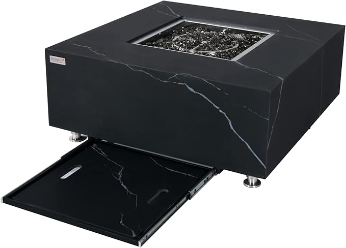 Elementi+ | Sofia Gas Fire Pit | Marble Porcelain & Metal Frame | 40" Square Fire Table | Electronic Ignition | Canvas Cover, Fire Glass & Burner Lid Included | Black | Propane Gas