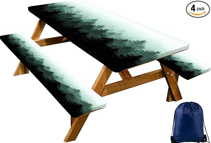 CAPSCEOLL Elastic Picnic Table Cover with Bench Covers 5Ft Waterproof Fitted Picnic Table Cover Cloths for Outdoors Camping Tablecloth with Drawstring Bag, 60X30in, Green Forest