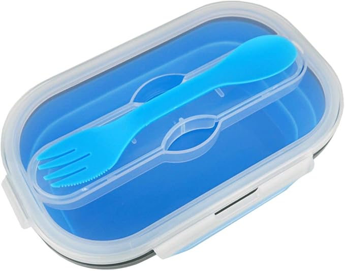 CARTINTS 800ml Collapsible Bento Lunch Box, Silicone Food Storage Container, with Leakproof Lids and Spoon, Microwave Freezer Safe, Blue