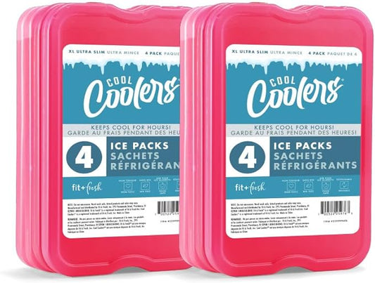 Cool Coolers by Fit + Fresh, Reusable & Long-Lasting XL Slim Ice Packs, Cold Packs for Lunch Boxes, ice Pack for Lunch Bags. Cooler Accessories for Camping, Beach, Lunch, and Work, 8PK, Pink