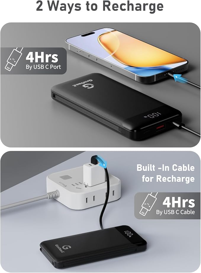 GrnOas.E 2-Pack 10000mAh Power Bank for iPhone,22.5W Fast Charging Portable Charger for iPhone,4 Outputs 3A High Speed Power Bank with Built in Cables,Travel Essentials Battery Pack for iPhone and etc