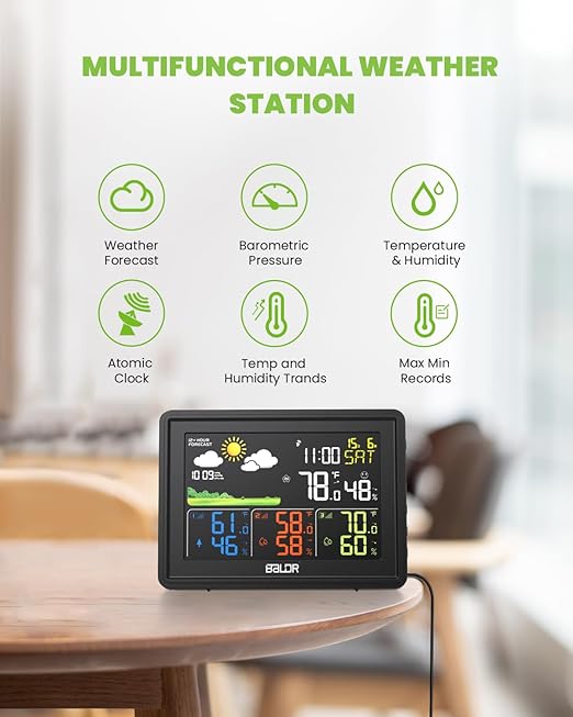 BALDR Wireless Color Display Weather Station with Moon Phase, Barometric Pressure, Temperature and Humidity Sensors for Indoors and Outdoors