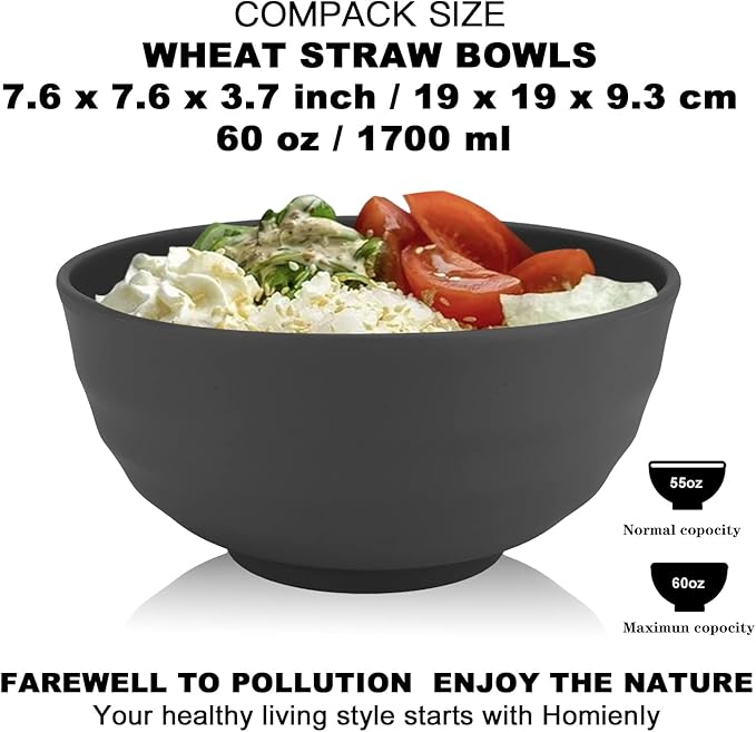 Homienly Wheat Straw Bowl Set, 60 OZ Unbreakable Lightweight Salad Bowls Set of 8, Bowls for Serving, Soup, Cereal, Dinner, Ramen, Microwave and Dishwasher Big Bowl for Kitchen, Camping(Grey, 60 OZ)
