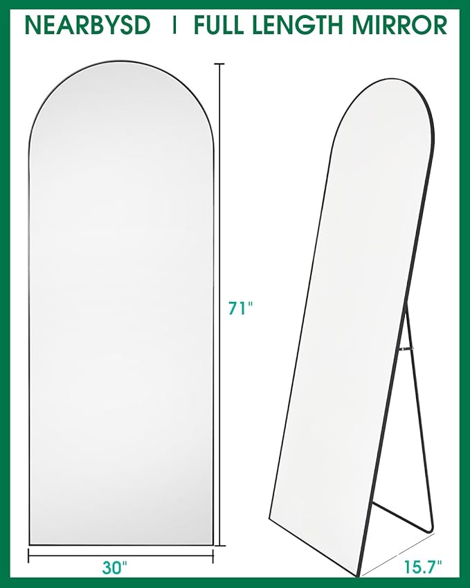 Arched Full Length Mirror, 71"x30", Oversized Standing or Hanging, Black Aluminum Frame