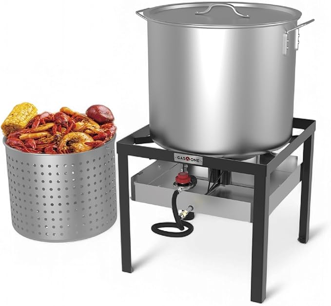 Gas One Seafood Boil Kit with Propane Burner, Propane Regulator, 60Qt Pot with Basket – Heavy Duty Construction Seafood Boil Pot for Outdoor Cooking – Easy to Clean and Durable Crab Boil Pot
